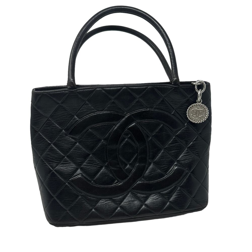 Vintage Chanel Medallion Tote Bag Lambskin Leather Silver Hardware Black Quilted